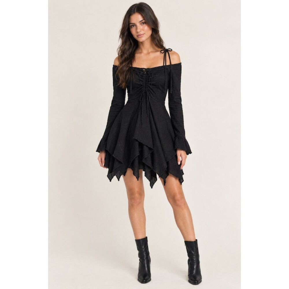 Current Mood Black Goth Mini Dress S Off Shoulder Bell Sleeve Fairycore Witchy